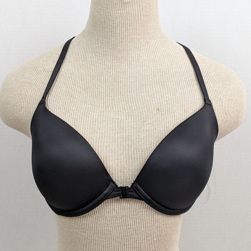 Pink Victoria Secret Wear Everywhere Push Up Bra Black Front Clasp Racetrack 32D